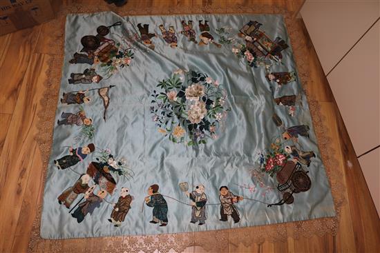 A Chinese silk panel, a Chinese table cloth and a silk panel